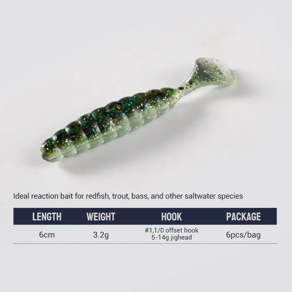 Artificial silicone swimbait lure, translucent green with black speckles, ribbed body and paddle tail