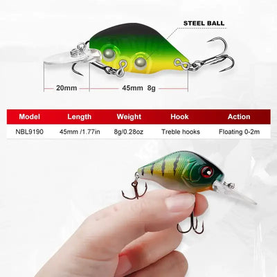Floating crankbait lure, green-yellow body with red eye, clear lip, treble hooks