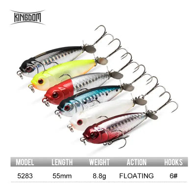 Five topwater pencil lures in red, white, silver, green, and blue, each with treble hooks
