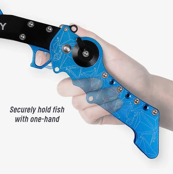 Hand holding blue and black fish lip grip with one-handed locked jaw