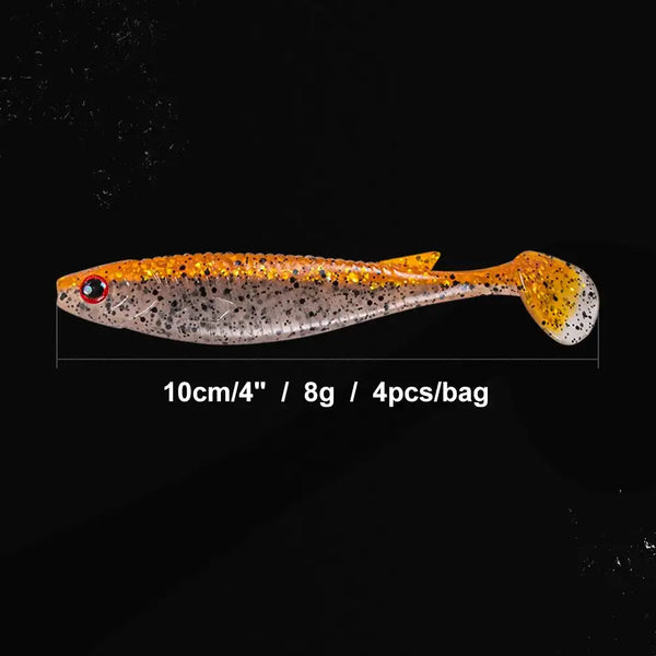 Noeby paddle tail shad swimbait in speckled gray-orange color with white paddle tail
