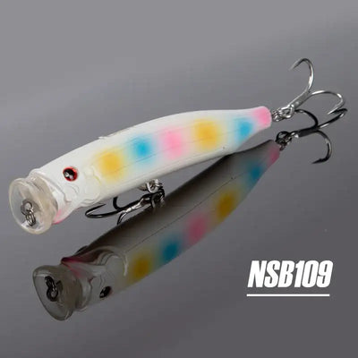 Noeby feed popper topwater lure, white body with rainbow spots and silver treble hooks
