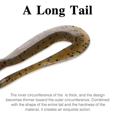 Olive-brown speckled soft plastic worm lure with detailed long tail.
