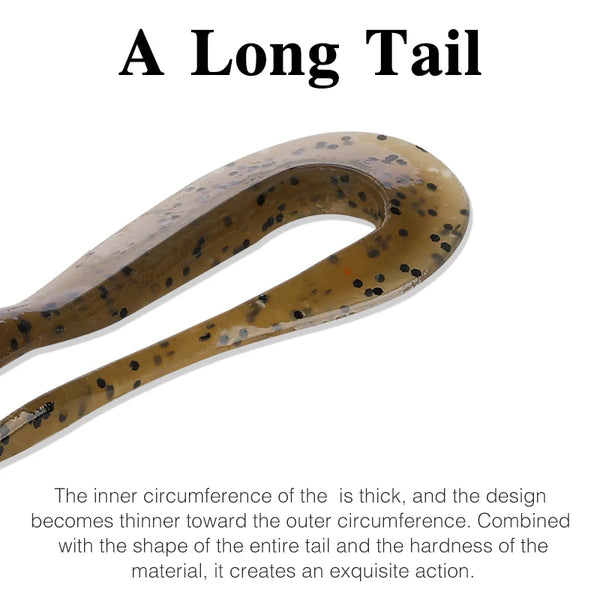 Olive-brown speckled soft plastic worm lure with detailed long tail.