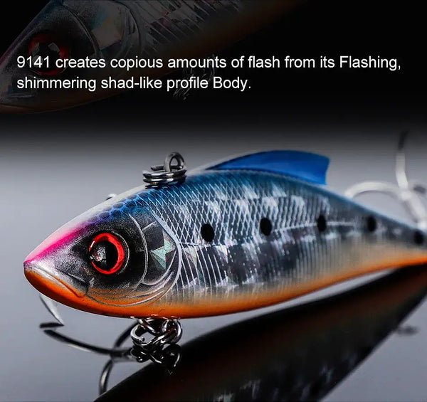 Blue and silver hard crankbait lure with red eye and two treble hooks