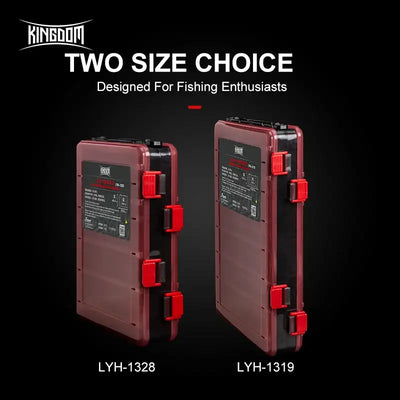 Two-size red PP fishing tackle box with snap latches, side view comparison