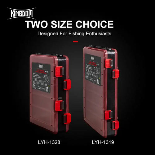 Two-size red PP fishing tackle box with snap latches, side view comparison
