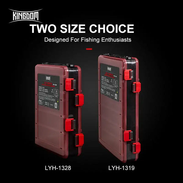 Two-size red PP fishing tackle box with snap latches, side view comparison