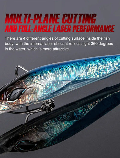 Blue trolling minnow lure close-up with reflective scales and treble hooks