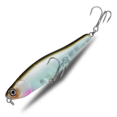 Surface walker pencil fishing lure, teal and pink accents, with treble hooks