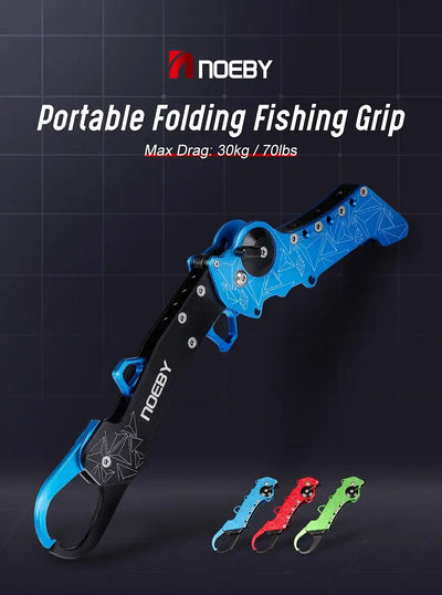Collapsible blue aluminum fish lip grip with black handle, folding jaw up to 30kg