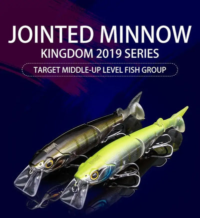 Pair of floating jointed minnow lures, one green and one metallic dark gray, treble hooks