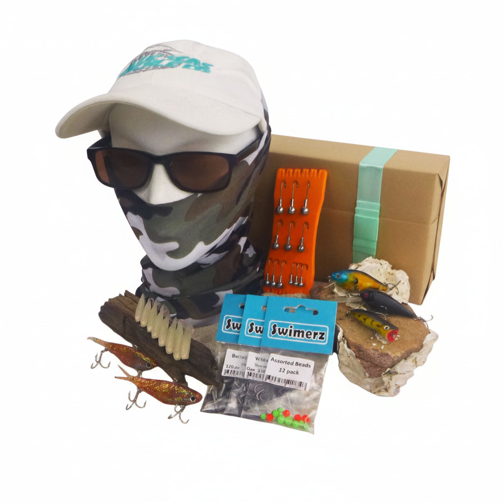 Fishing lure and tackle gift set with camouflage cap, sunglasses, and assorted lures