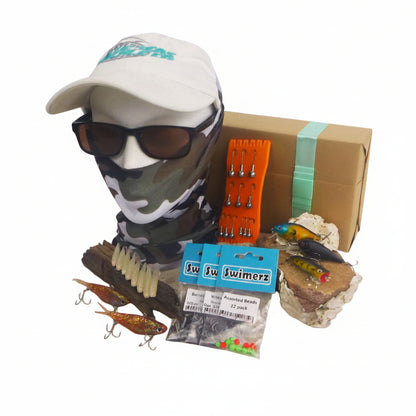 Fishing lure and tackle gift set with camouflage cap, sunglasses, and assorted lures