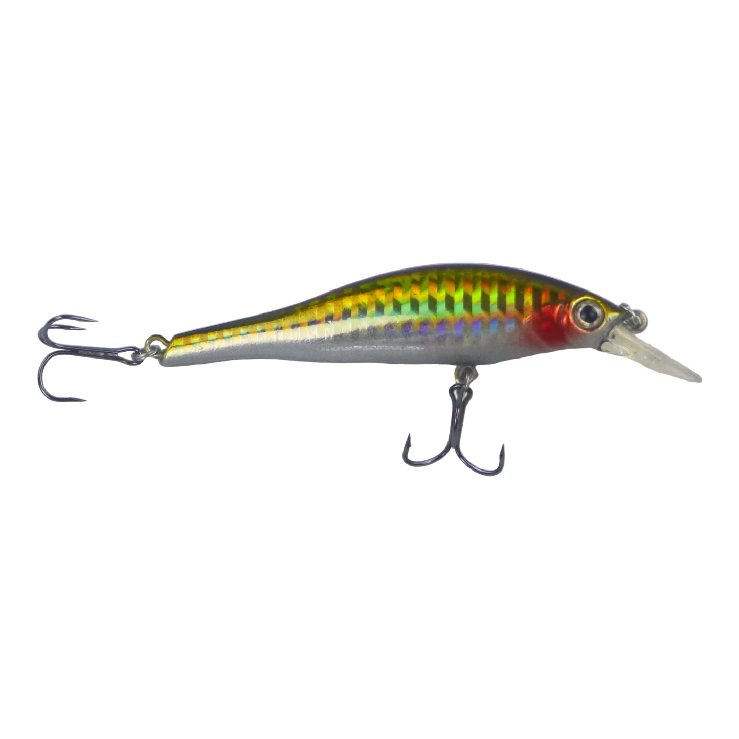 Yellow, green, and silver minnow lure with red accents, clear lip, two treble hooks