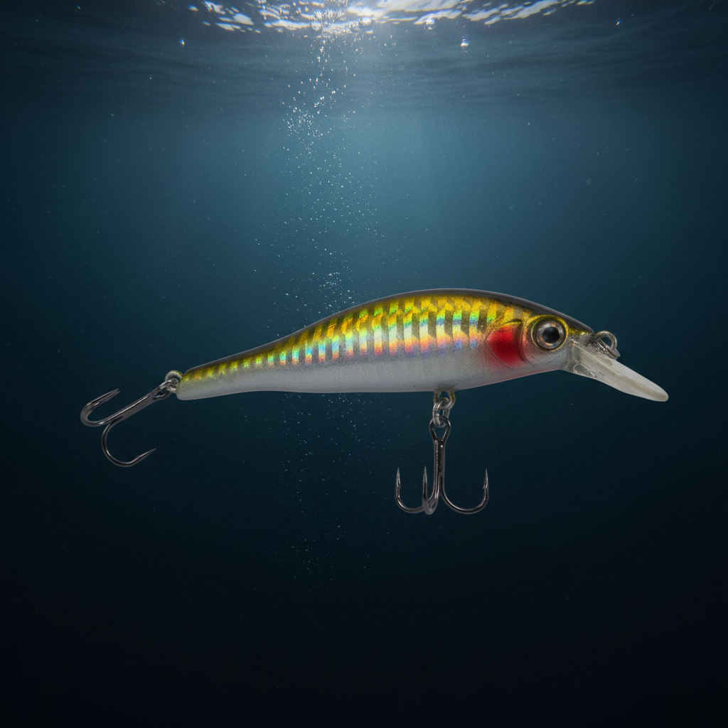 Gold and yellow minnow lure with holographic stripes, red gill patch, two treble hooks