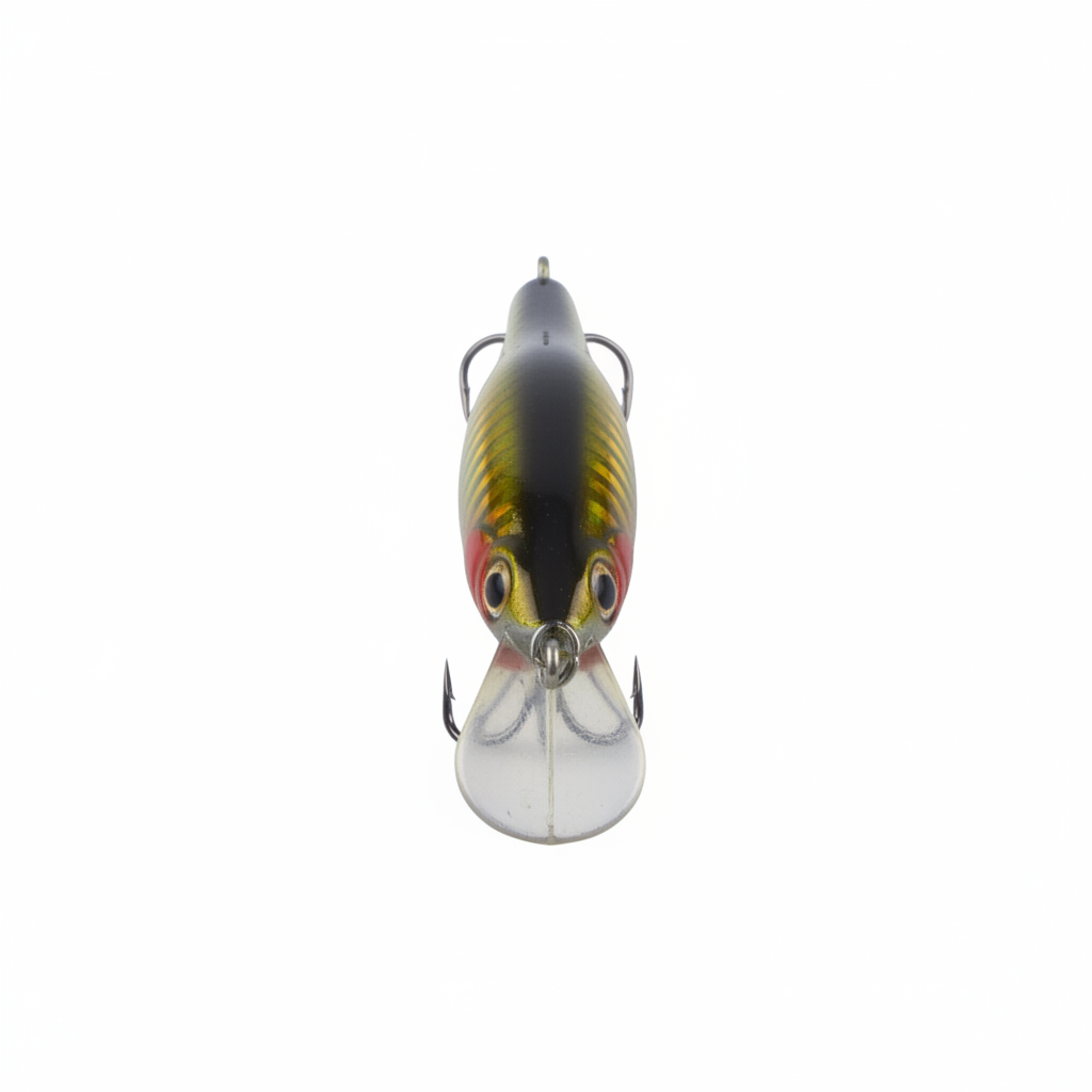 Gold-and-yellow hard body minnow lure, black back, red belly, twin treble hooks