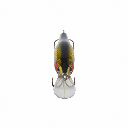 Gold-and-yellow hard body minnow lure, black back, red belly, twin treble hooks