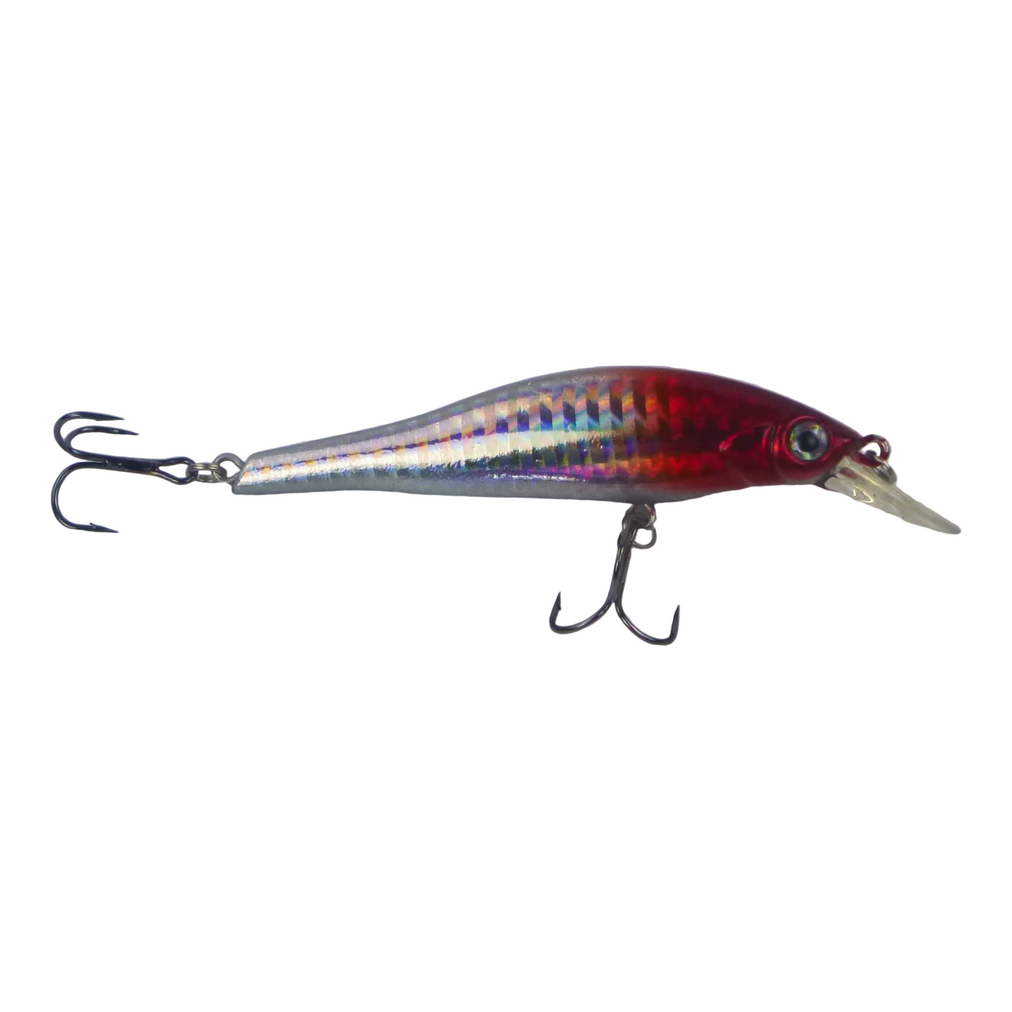 Hard body minnow lure: red head, silver-blue scales, two treble hooks
