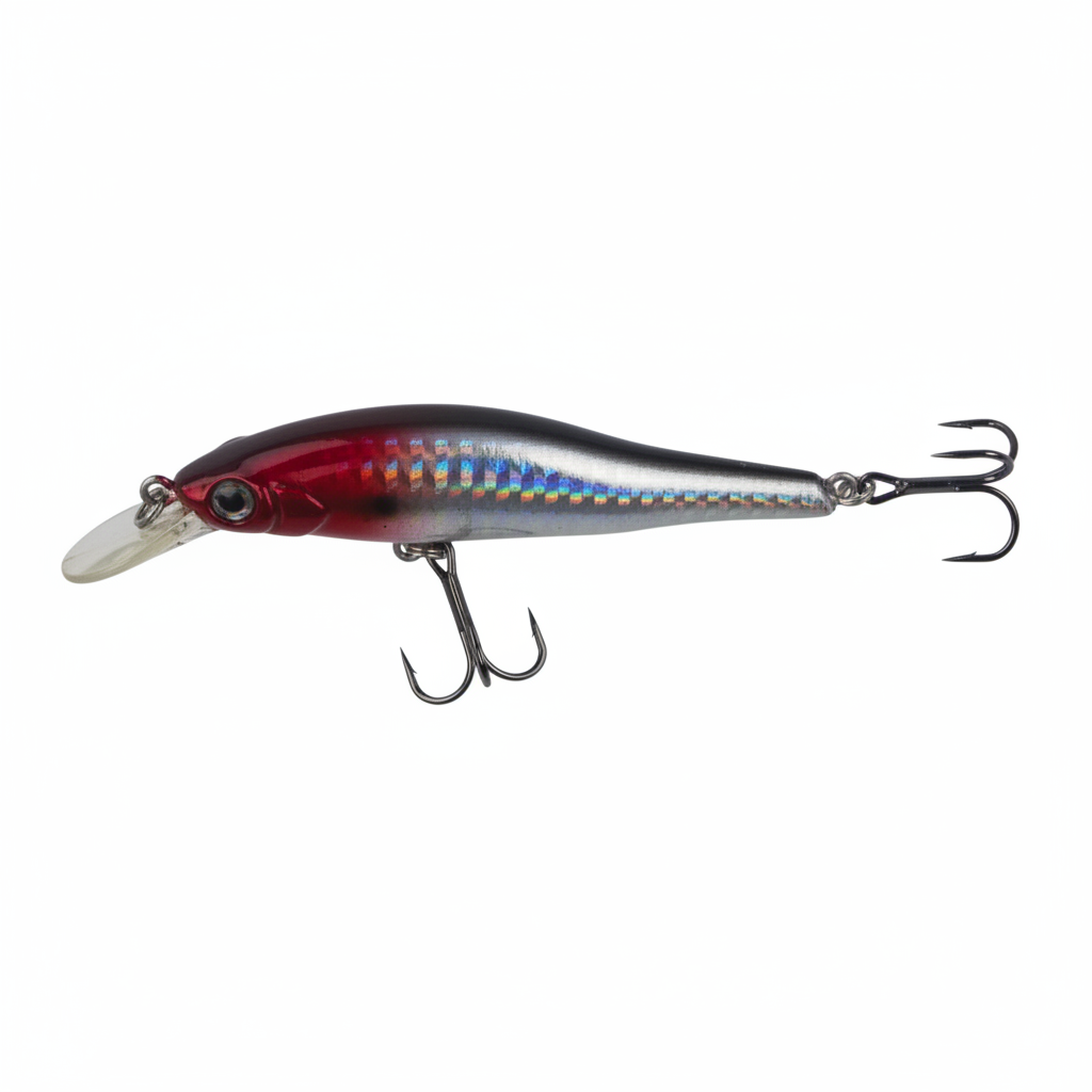 Hard body minnow lure, red belly and silver-blue sides, front and rear treble hooks