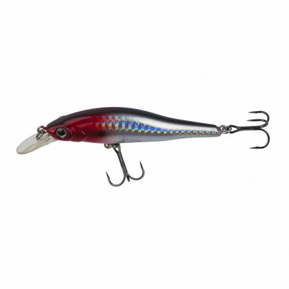Hard body minnow lure, red belly and silver-blue sides, front and rear treble hooks