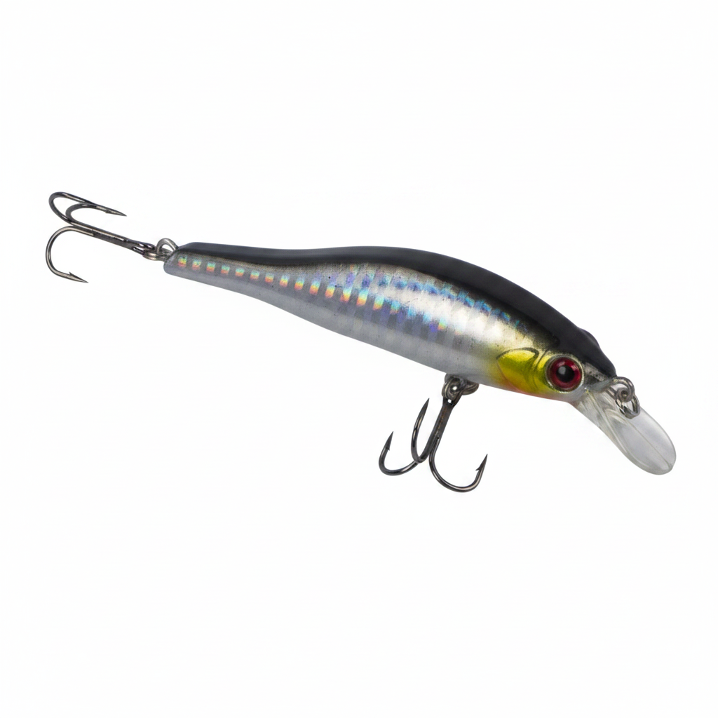 Hard body minnow lure with dark back, holographic silver sides, red eye, and treble hooks