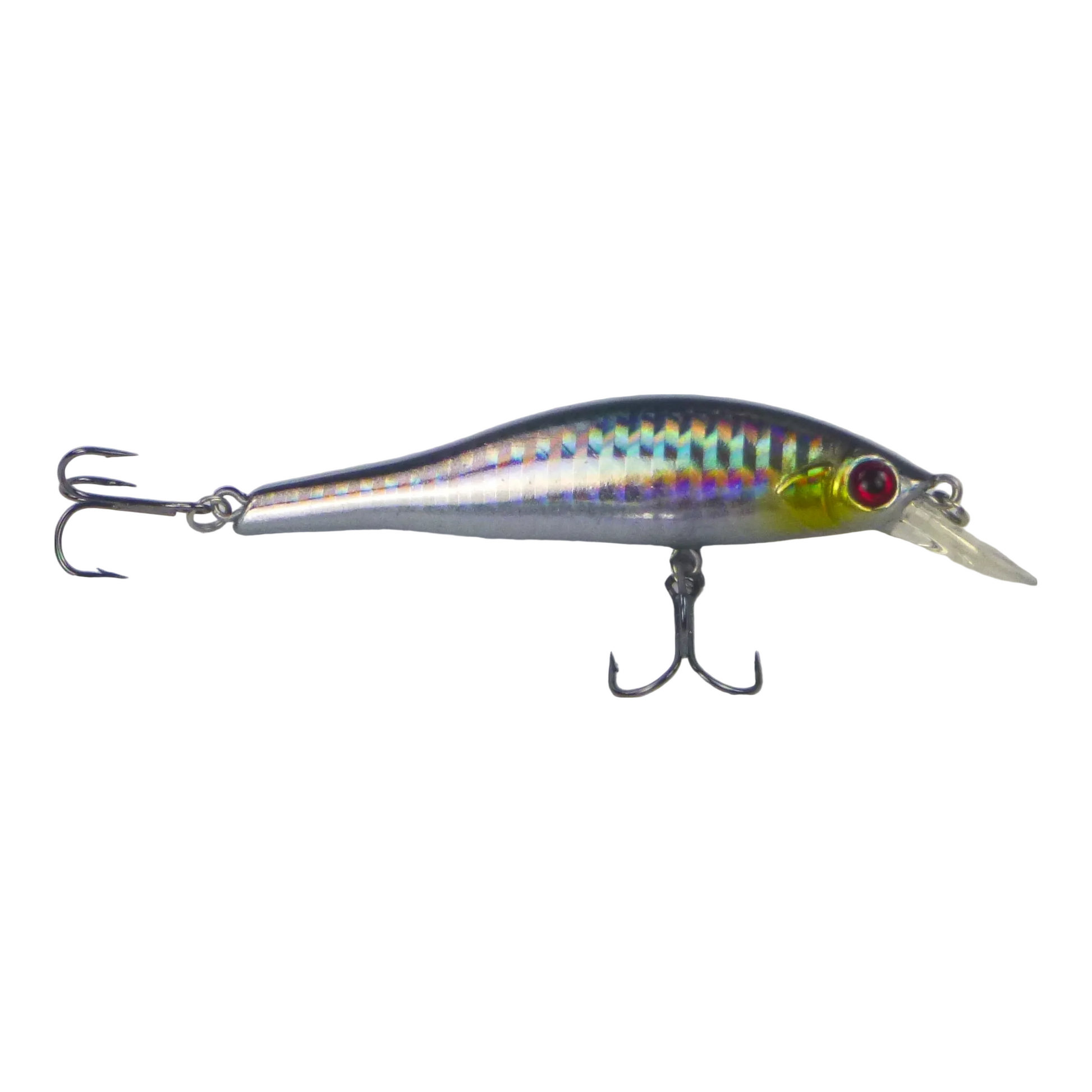 Hard body minnow lure with holographic silver body, red eye, and twin treble hooks