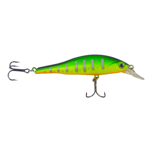 Hard body minnow lure, green with yellow stripes and treble hooks