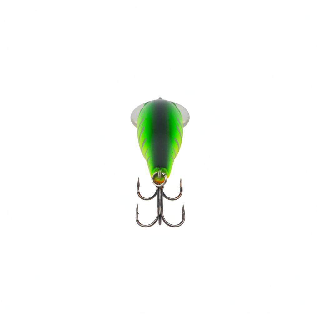 Hard body minnow lure, green top with dark pattern, twin treble hooks