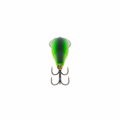 Hard body minnow lure, green top with dark pattern, twin treble hooks