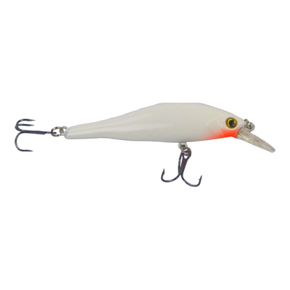 Hard body minnow lure, white with blush pink belly, side view, treble hooks