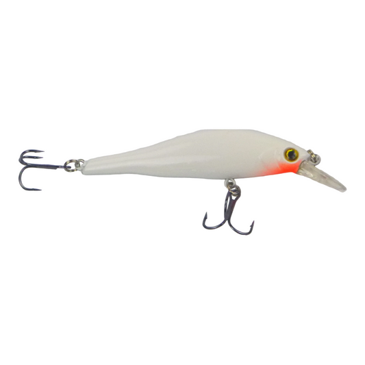 Hard body minnow lure, white with blush pink belly, side view, treble hooks