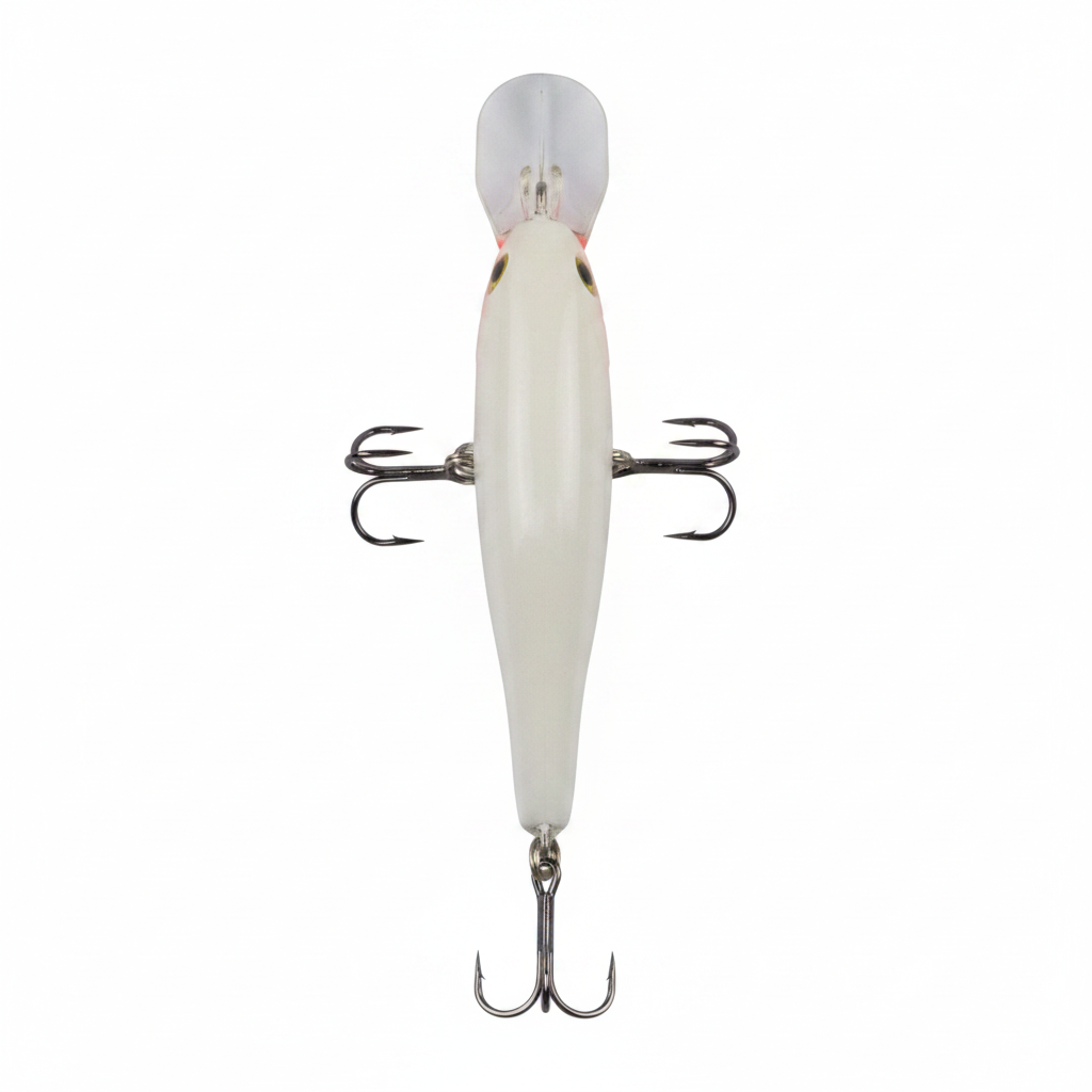 Hard body minnow lure, white, top and rear view with two treble hooks