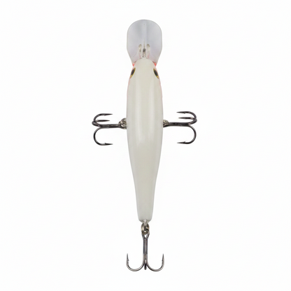 Hard body minnow lure, white, top and rear view with two treble hooks