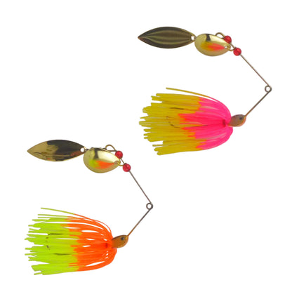Two spinnerbait lures in pink/yellow and orange/green with gold blades, red beads