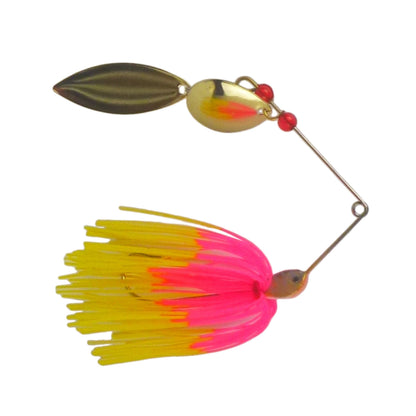 Pink and yellow spinnerbait lure with gold blade and red beads