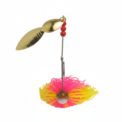 Pink and yellow spinnerbait lure with gold blade, red beads, and fuzzy skirt