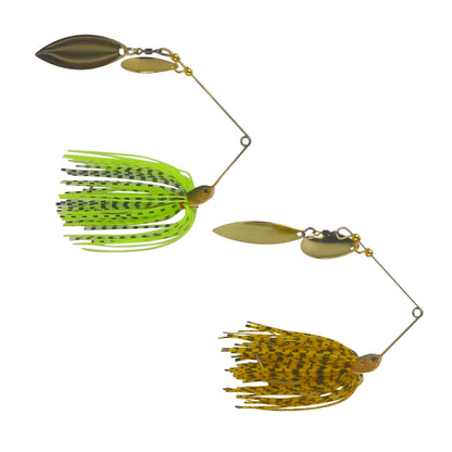 Spinnerbait set with green-and-black and yellow speckled skirts, olive gold blades