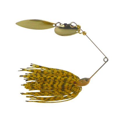 Spinnerbait fishing lure with olive gold blades and yellow speckled skirt