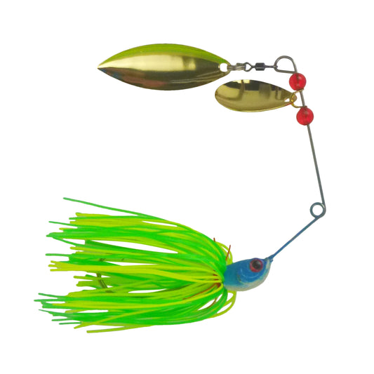 Lime green spinnerbait lure with gold blades, blue head, red bead accents, and green skirt