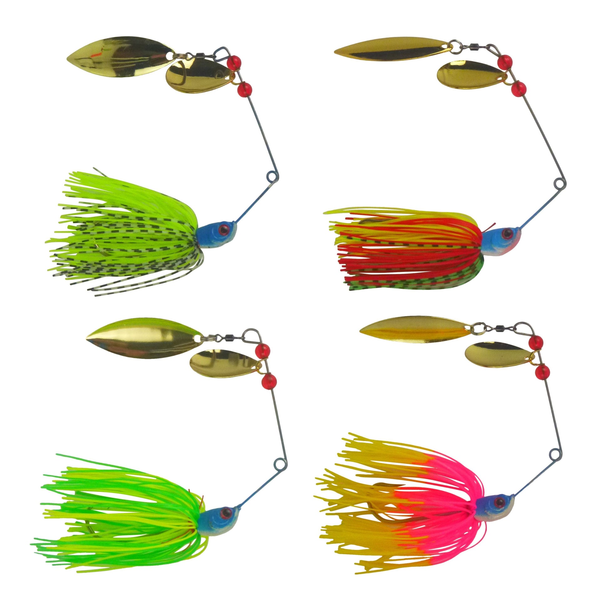 Four spinnerbait lures with lime green and gold blades, blue heads, and red bead accents