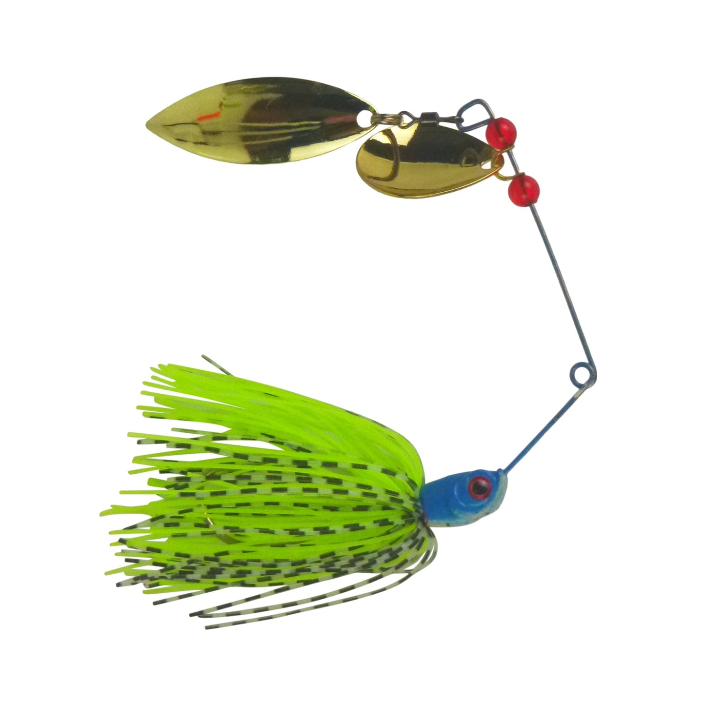 Spinnerbait with neon green skirt, blue head, gold blades and red bead accents