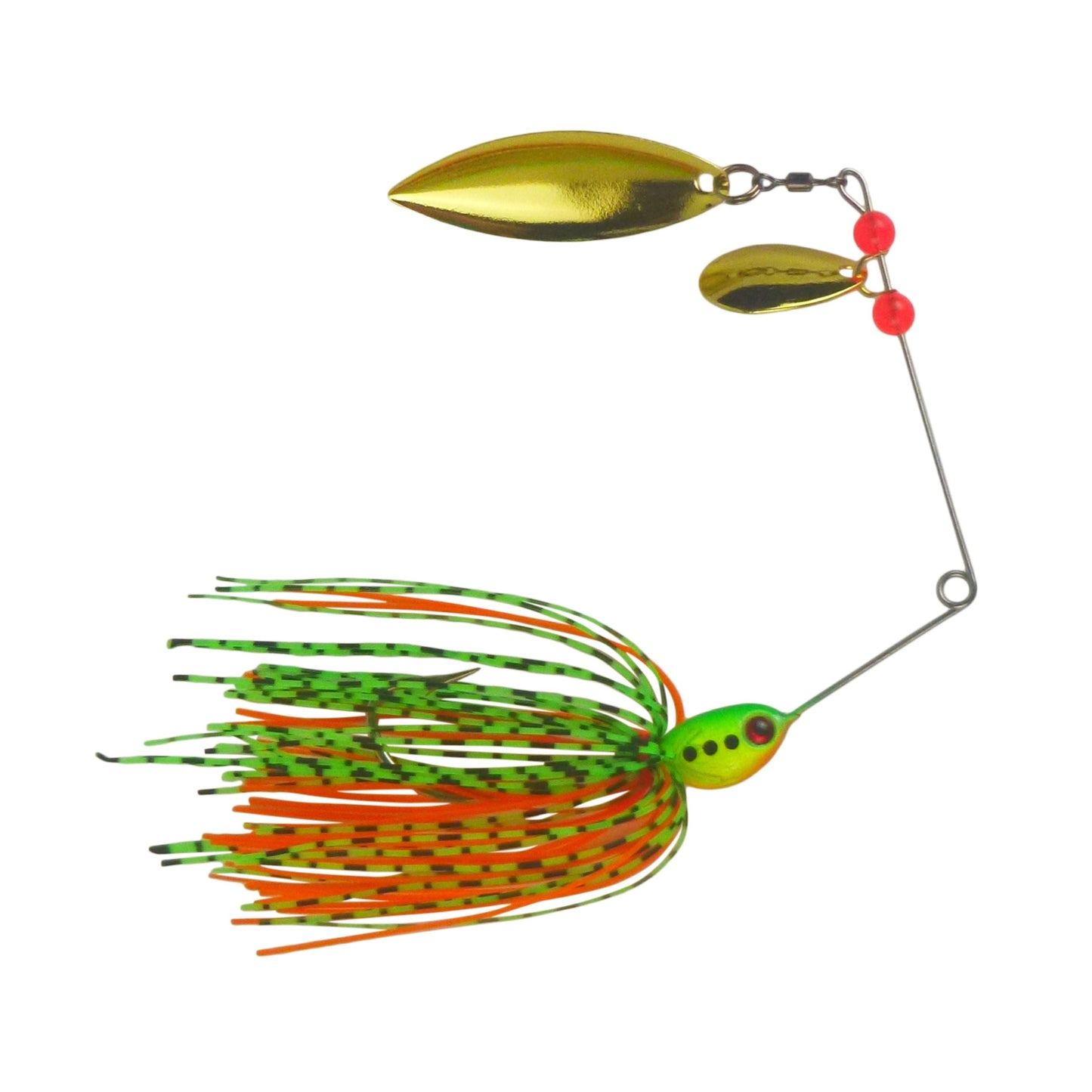 Spinnerbait lure with yellow-green blades and orange-green skirt, red bead accents