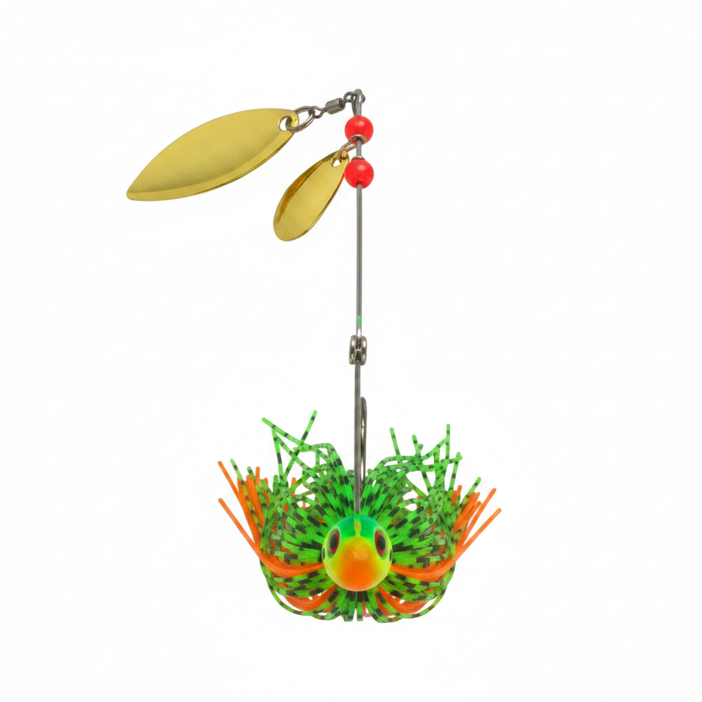 Spinnerbait lure with yellow blades, green-orange skirt, chartreuse head and red beads