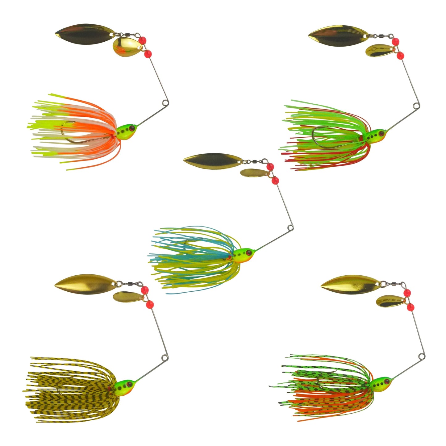 Assorted spinnerbait lures with gold blades, green skirts, red bead accents