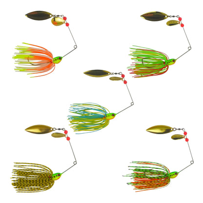 Assorted spinnerbait lures with gold blades and green heads, orange and green skirts