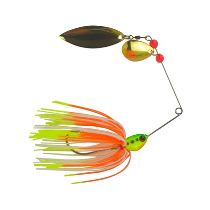 Spinnerbait fishing lure with gold blades, green head, orange-white skirt, red beads