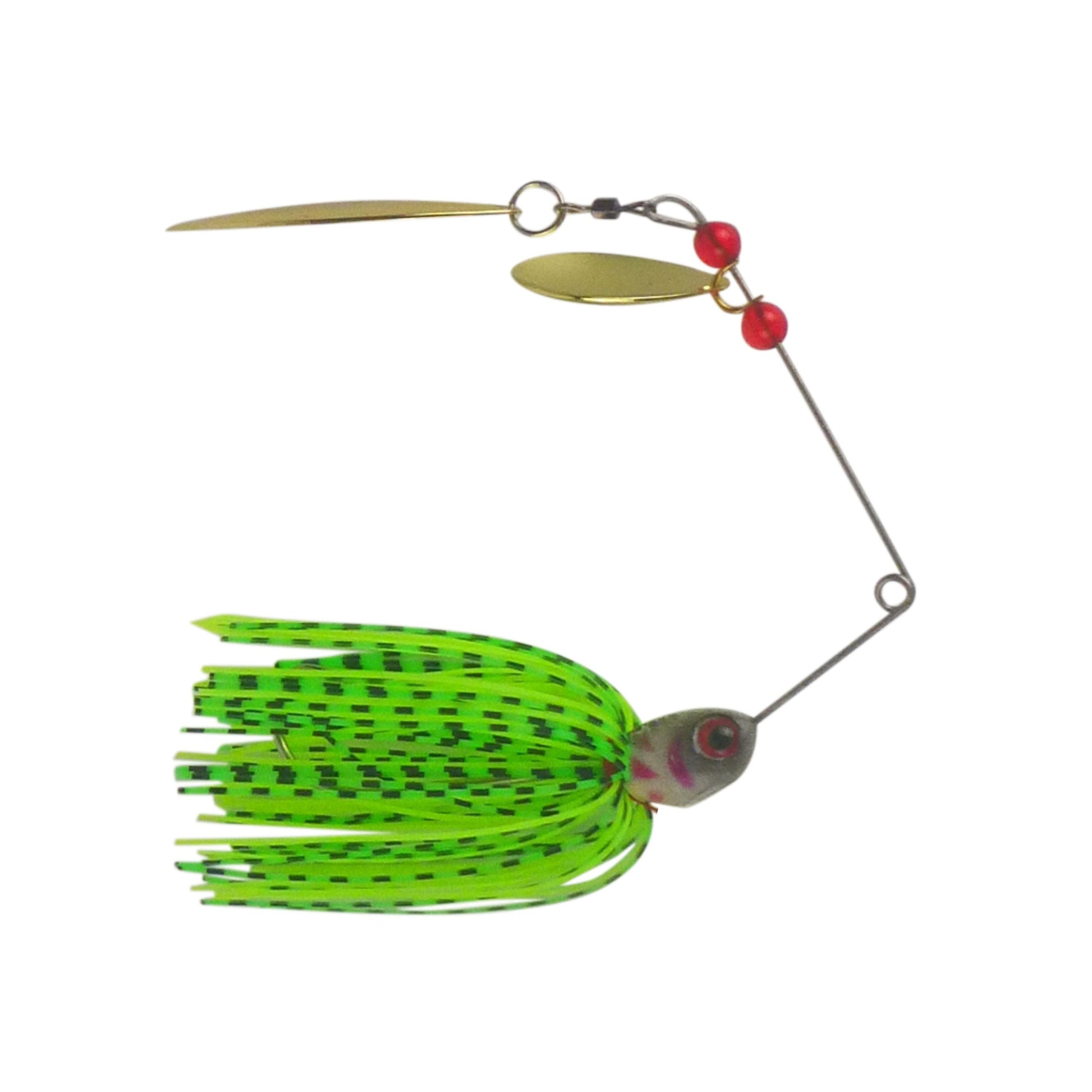 Green spinnerbait lure with gold blades and red bead accents, side view