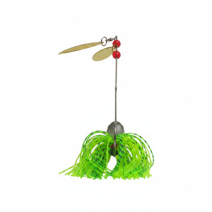 Green spinnerbait lure with gold blades, red bead accents, and long skirt