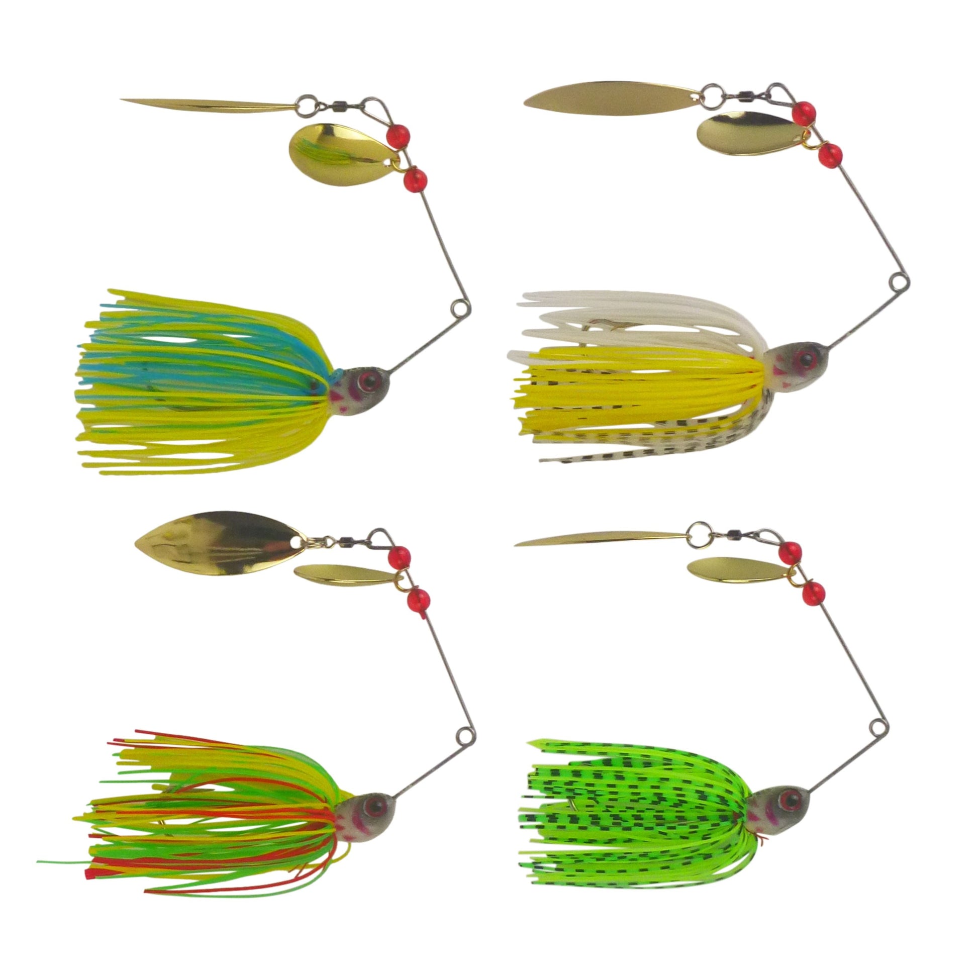 Assorted spinnerbait lures with gold blades, red bead accents, and colored skirts